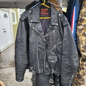 Blue plate buffalo leather jacket vest and chaps. 2x hot leathers